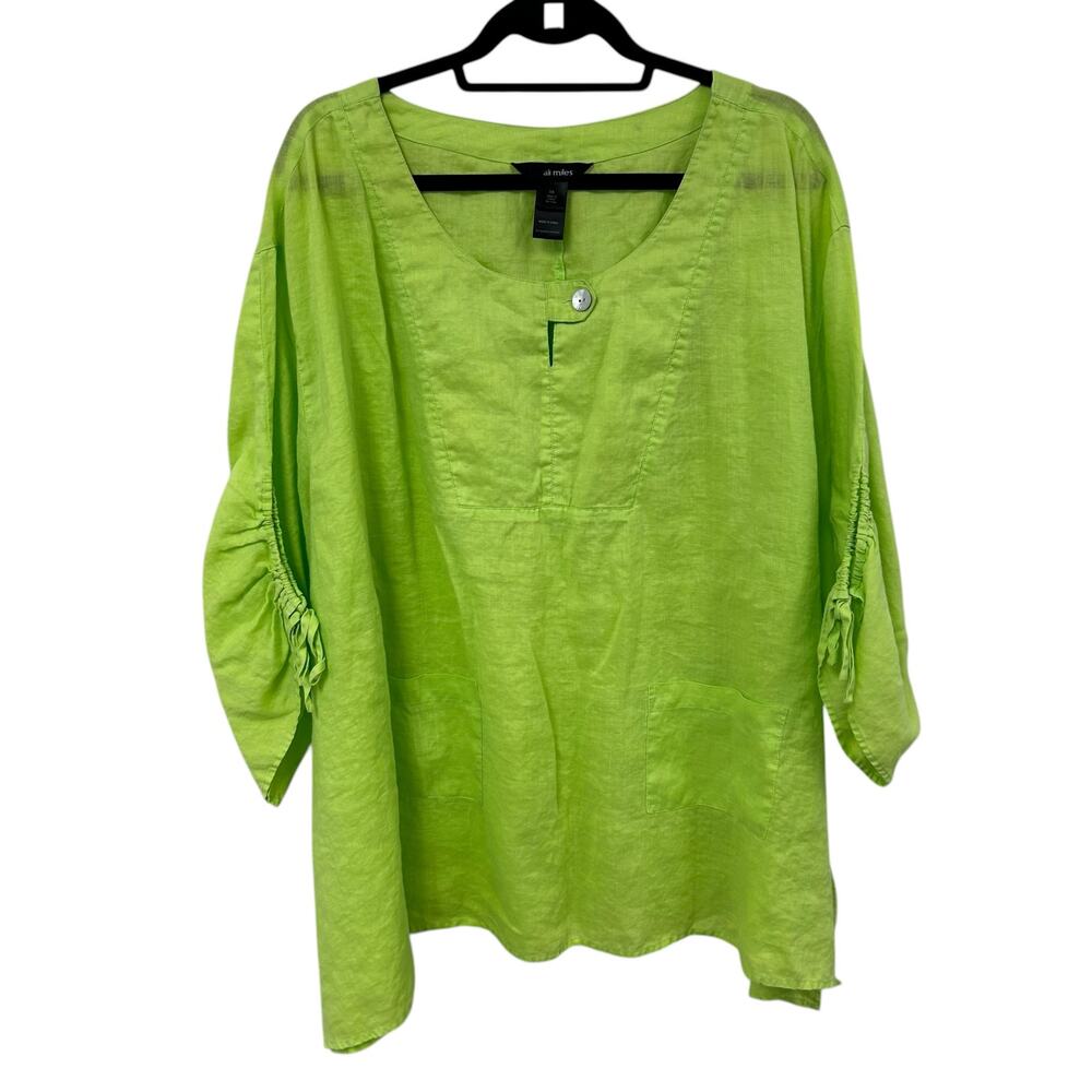 Ali Miles Neon Green Ramie Tie Sleeve Front Pocket Tunic Top Womens 3X